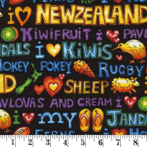 J896 Kiwiana - I Love New Zealand - brights on black preview